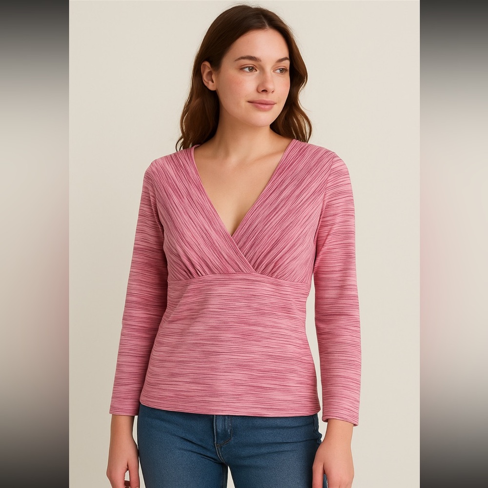 Fashion Bug Pink Striped V-Neck Faux Wrap Top 2000s Y2K Style Size L